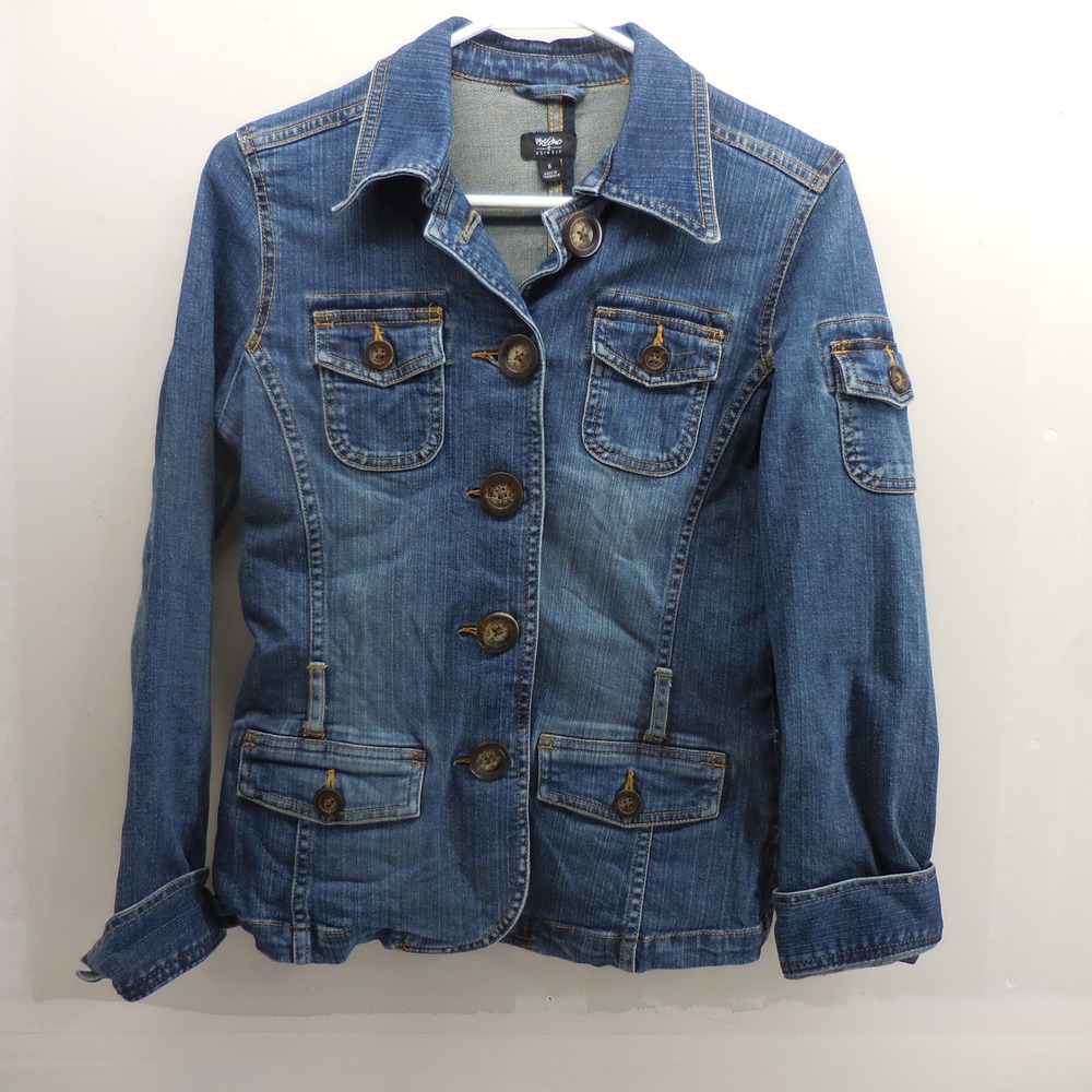 Mossimo Stretch Womens Blue Denim Utility Jacket Multi Pocket Sz S Indie Utility